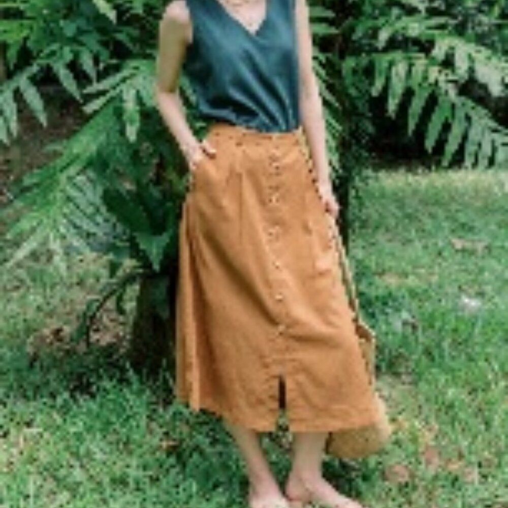 Hannah Canvas - Long Button Down Linen Skirt - Caramel - NEW - Large